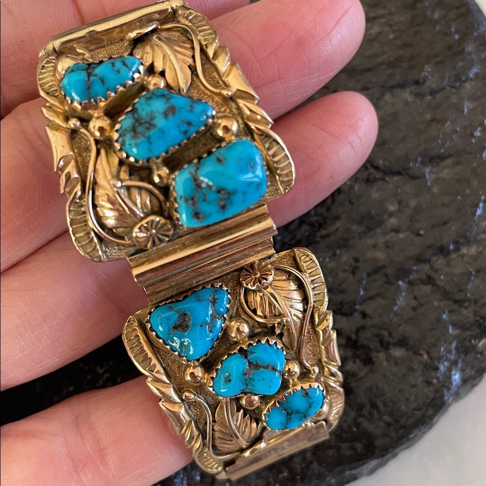 Gold 14K Native American Turquoise Vintage Watch Tips signed Walley